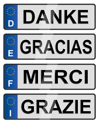 'Thankyou' in different languages shown in style of car numberplate